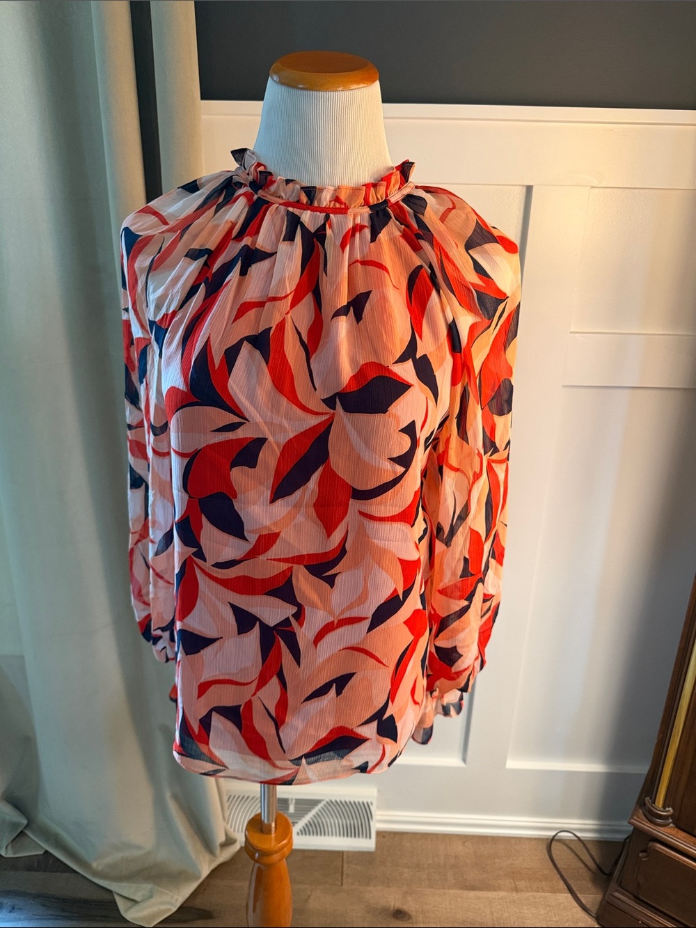 🎉Ramy Brook Coral, Navy & Cream Leaf-Print Ruffled-Neck Blouse